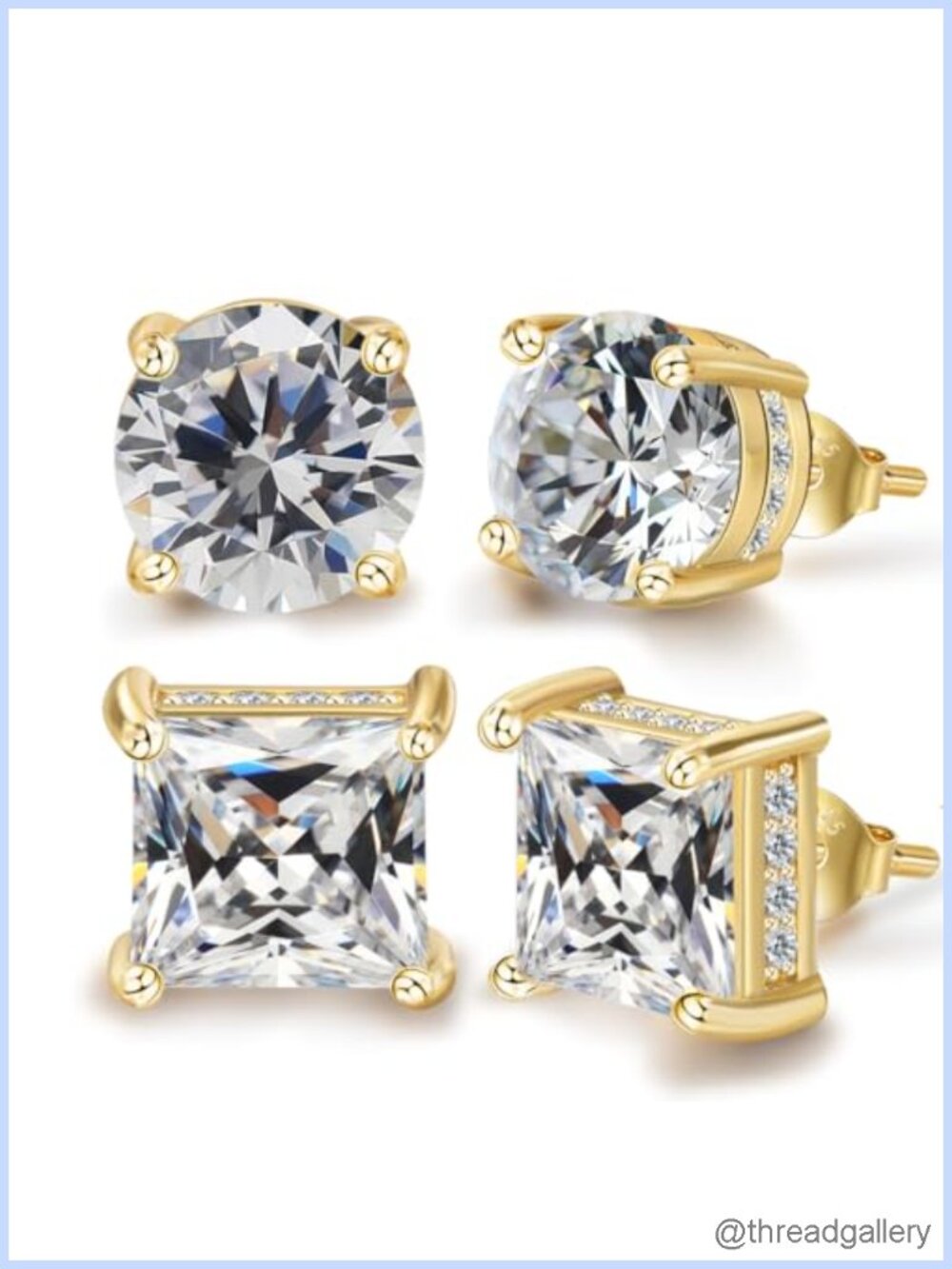 Round CZ Stud Earrings 925 Sterling Silver Two Tone 6mm 8mm